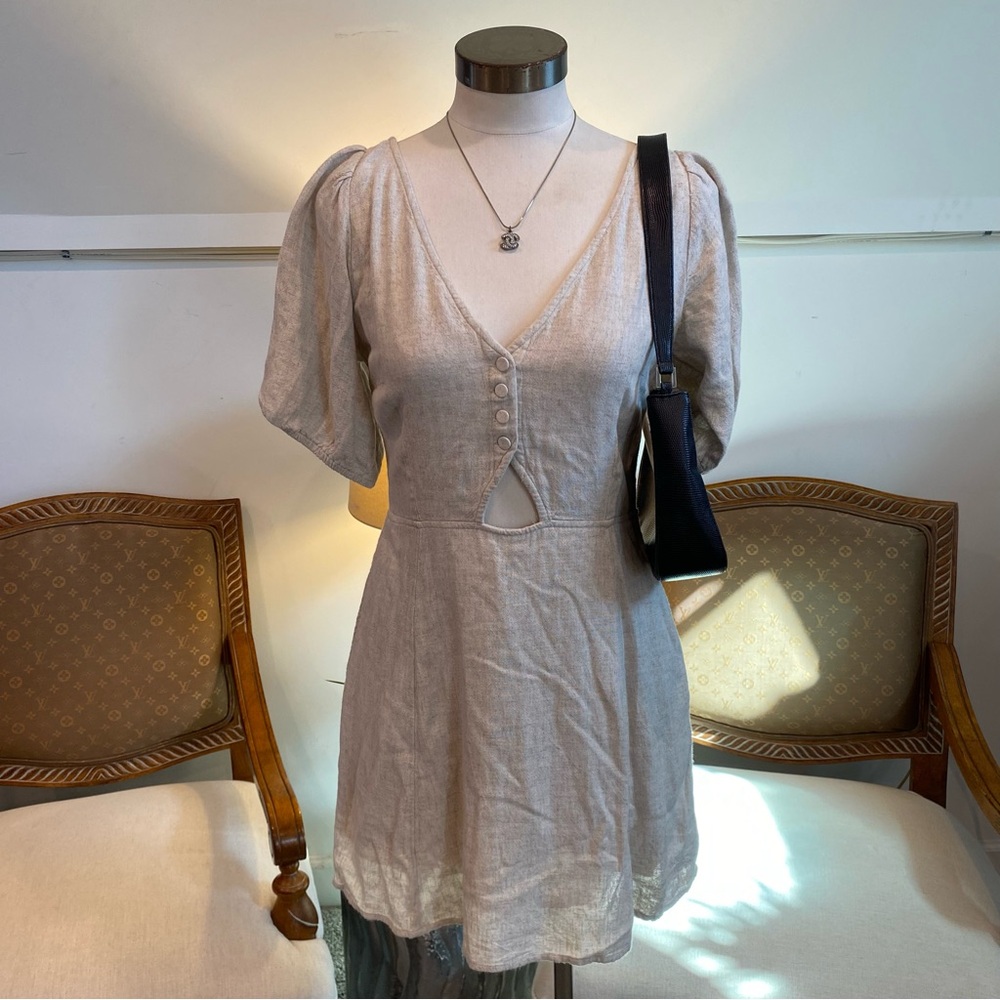 Abercrombie & Fitch Tan Cream Linen Babydoll Mini Dress, Size Small, Boho Summer